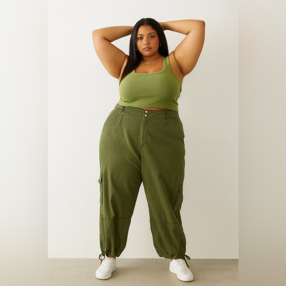 Anthropologie Green Tencel/Linen Blend Cargo Pants w Drawstring Hem Sz. 18 NWT
